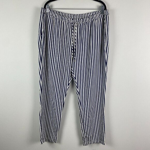 Lauren Ralph Lauren Pull On Ankle Pants Sz XL Navy Blue White Stripe Drawstring - Picture 1 of 9